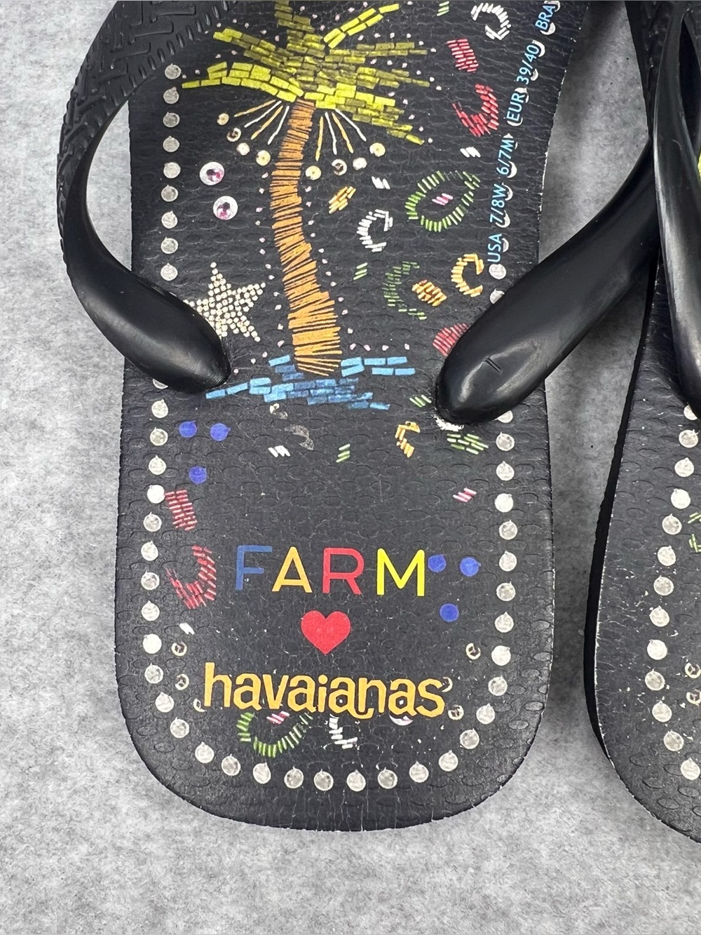 Farm Rio Black Multi Sandal in Black Havaianas Thong Flip Flops Women’s Size 7/8 - Picture 9 of 16